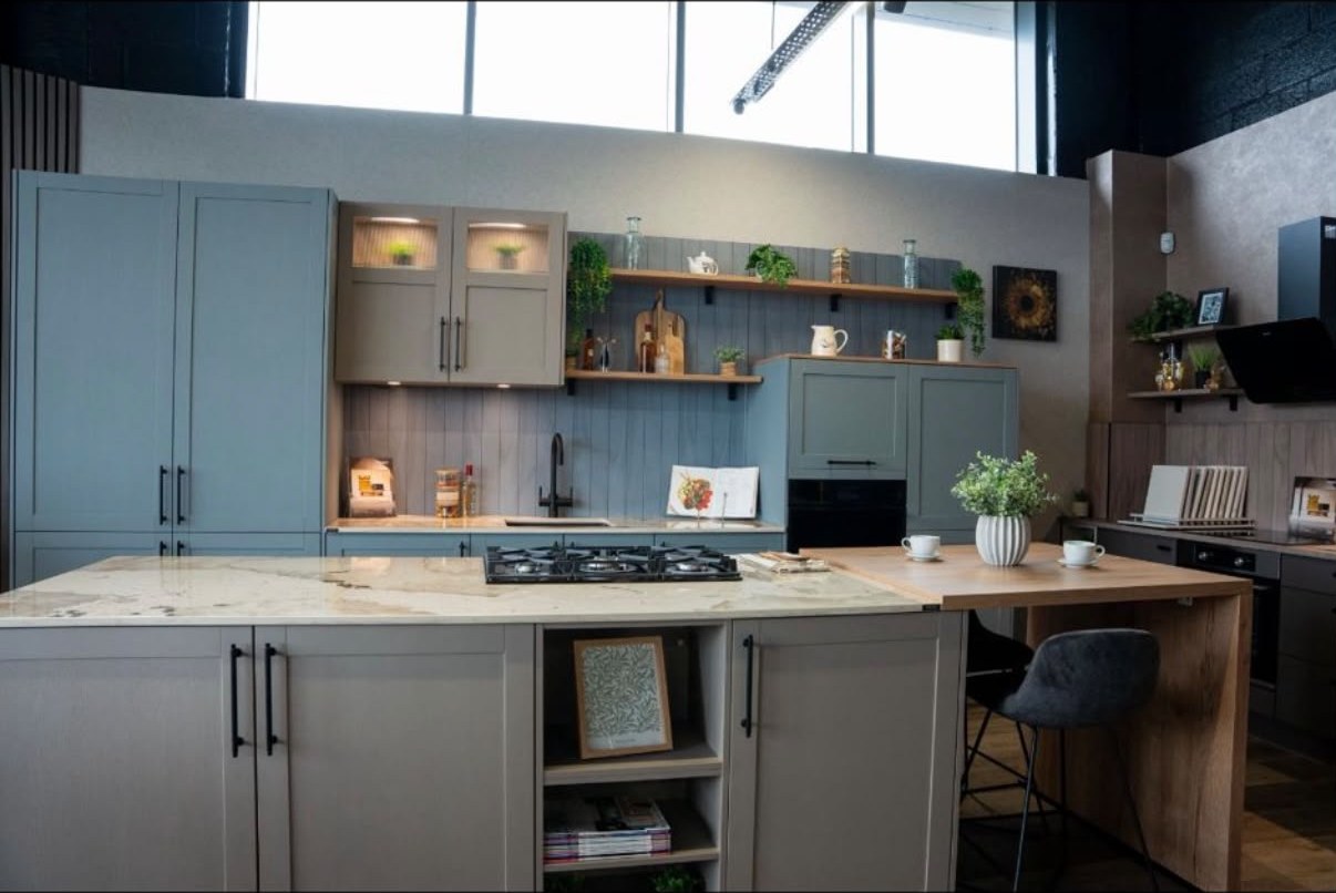 Wide view of the Kutchenhaus Irthlingborough showroom with several kitchen displays